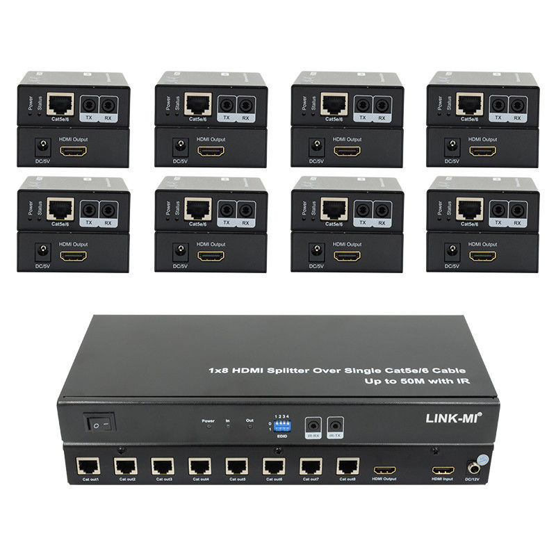 HDMI 50M 1X8 Splitter over Cat5e 6 Kabelondersteuning 3D IR 1080P 8 Port HDMI Splitter
