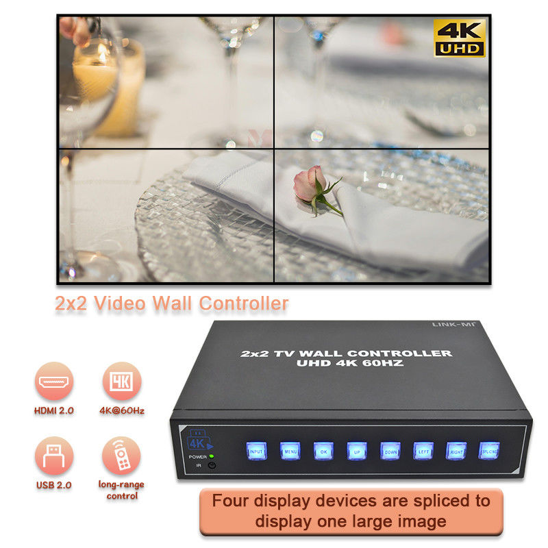 4K HDMI Video Wall Processor 2X2 Ondersteunt USB Auto Display voor 4 UHD TV's 4K 60Hz LED Video Wall